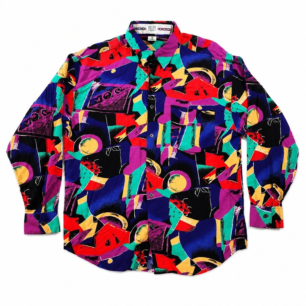 Vintage Policy Abstract Geometric Rayon Button Up Shirt Womens Medium Multicolor